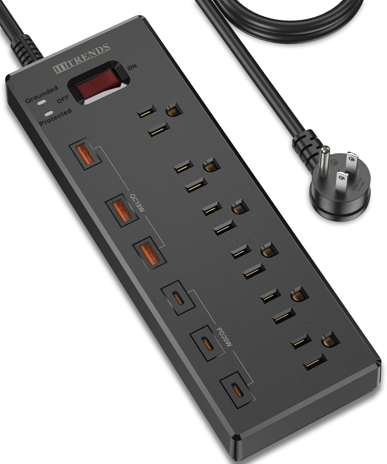 Power Strip,  Surge Protector with 6 AC Outlets & 6 USB Ports (3 USB-C & 3 USB-A), 20W PD Fast Charging USB-C, 6 Ft Flat Plug Extension Cord with Multiple Outlet, 1625W/13A, for Home Office